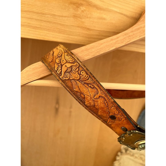 Vtg Sears Leather Belt with Rad Stone Buckle - Picture 3 of 9